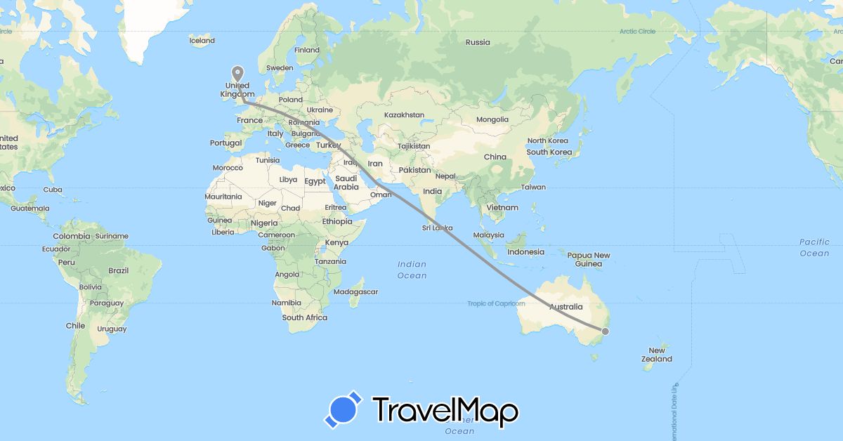TravelMap itinerary: plane in United Arab Emirates, Australia, United Kingdom (Asia, Europe, Oceania)